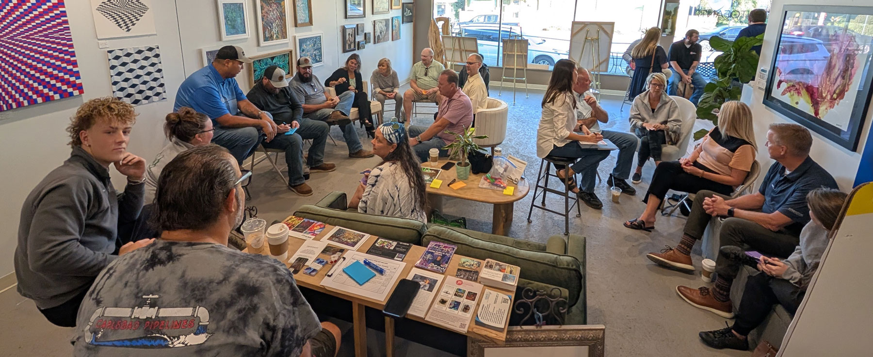 Participants in a workshop sit in small groups, collaborating on an exercise.