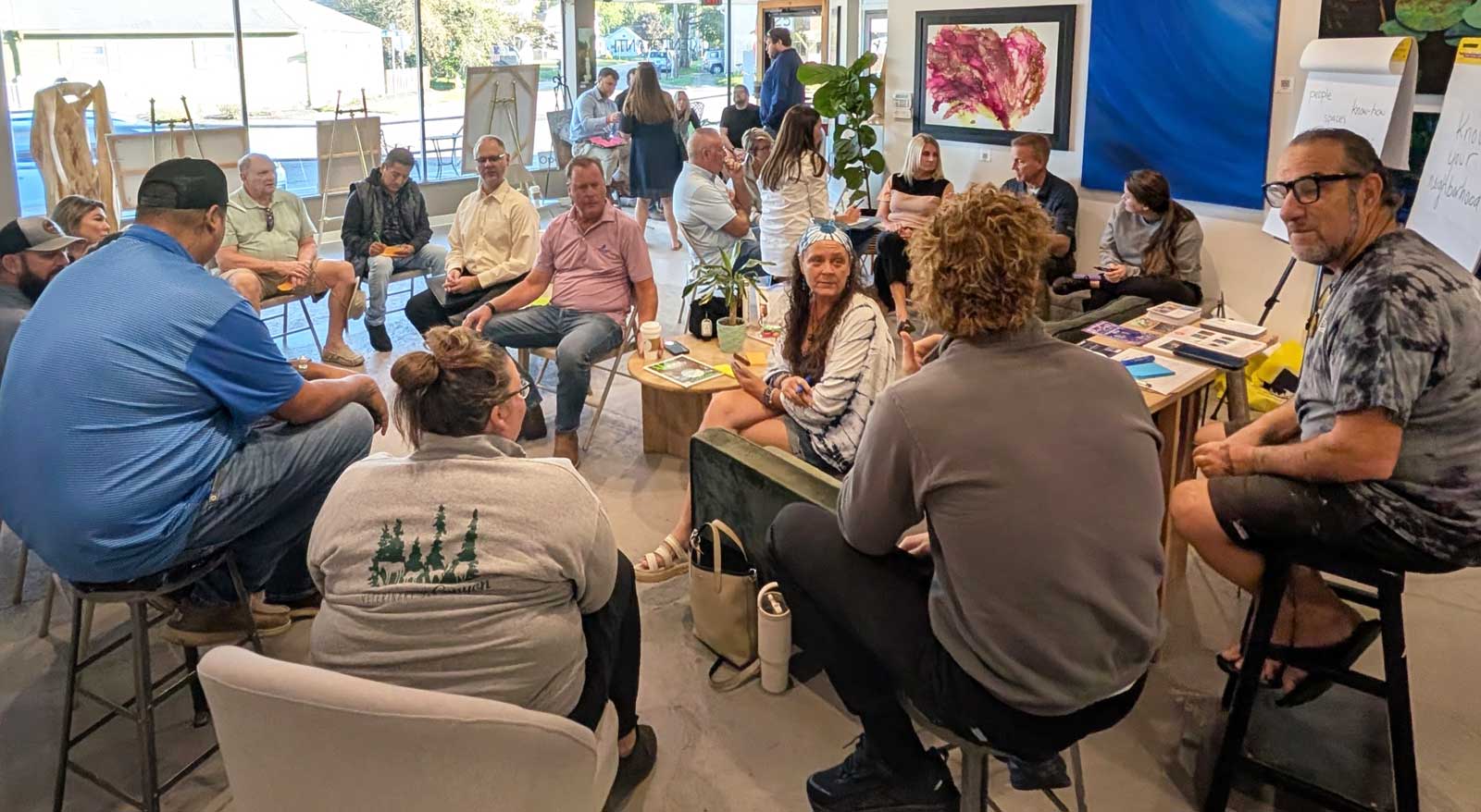 A group of workshop participants are gathered in several small groups within an art gallery space.
